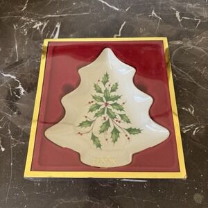 Lenox HOLIDAY HOLLY Christmas Tree Candy Snack Serving Dish W/ Box Gold Trim